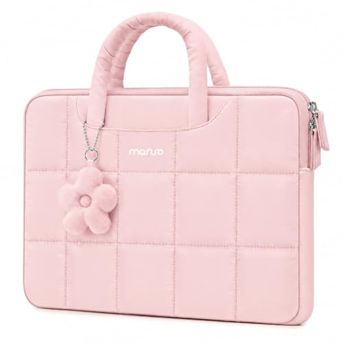 MOSISO Laptopfodral 14 tum, 14 tum puffigt laptopfodral, rosa | Kompatibel med HP Lenovo Dell ASUS Acer/HP Stream/Dell Latitude/Lenovo IdeaPad, rektangulär quiltad väska och blomhänge