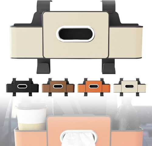 Starnearby Organisateur de Siège Arrière de Voiture 4 en 1 avec Porte-gobelet, Boîte à Mouchoirs, Poubelle et Crochets, Boîte de Rangement pour Téléphones, Collations, Boissons et Sac à Main (Beige)