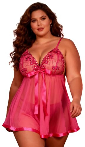 sunshinelady Sheer Babydoll Lingerie for Women Plus Size Nightwear Pink