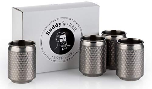 Buddy´s Bar - 4 Cocktail Becher, Ø 7,5 cm, H: 10,5 cm, 350 ml, hochwertiger Edelstahl-Becher, lebensmittelecht, inkl. Geschenkbox, 4er Set, Edelstahl Antikoptik