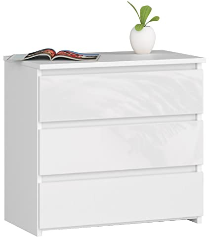 AKORD Kommode CL-3 mit 3 Schubladen | für das Wohnzimmer Schlafzimmer Schrank Büro Arbeitszimmer | Modernes Funktionales Design | B60 x H57 x T35 cm, Gewicht 26 kg | Weiß/Weiß Glänzend