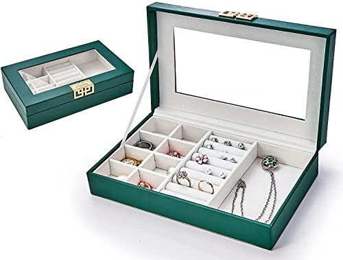 BASUWELL 24 Grid Velvet Jewelry Tray for Drawers Glass Clear Lid Showcase Display Storage Ring Trays Holder Earrings Organizer Case (Green-box)