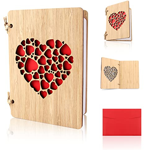 Karte aus Holz Liebe, Herz Karte, Karten Holz, Hochzeitskarten Jahrestag Karten für Sie, Valentinstag Karte Holz Handgefertigte Beschreibbare Bambuskarte mit Herz es Gibt Garn, Papier und Umschläge