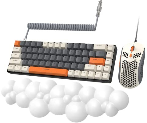 YINDIAO T8 Trådbundna Tangentbord och Muskombinationer,Molnformat Handledsstöd,60% Spelmekaniskt Tangentbord,TKL Compact Layout,Brun Strömbrytare,Honeycomb RGB Spelmus,Upprullad USB-C Kabel,för PC PS4