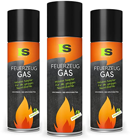 Spraytive 3 x 500ml XXL Butangas für Flambierbrenner & Feuerzeuge - Feuerzeuggas inkl. Adapter zum Nachfüllen - Kompatibel zu Clipper-Feuerzeug, Jet-Flamme, Küchenbrenner u.vm.