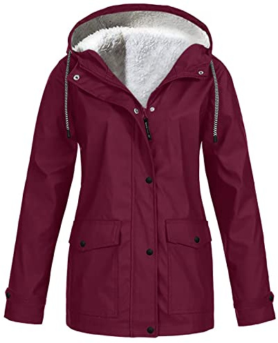 Cocila Ladies Windproof Rain Jacket Women Solid Plush Rain Outdoor Plus Size Hooded Raincoat Windproof Jacket Coat Fleece Collar Jacket Women (Wine, XXL)