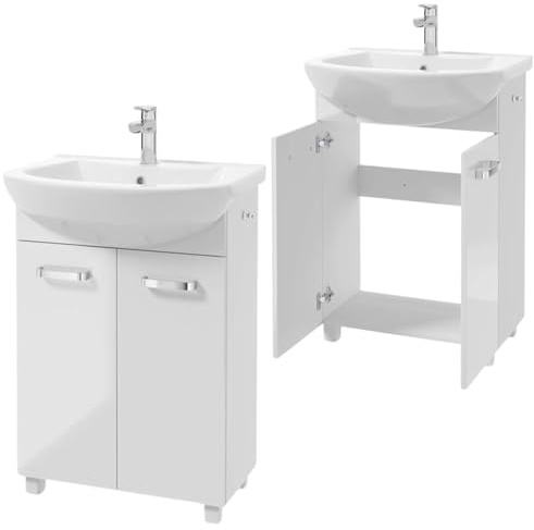 .Deftrans Mueble de baño con Lavabo, 85 x 60 x 40 cm, Color Blanco, Juego de Lavabo, de cerámica, Armario de pie para baño pequeño