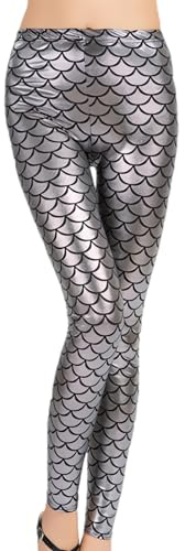 Women's Leggings Pants, Stretch Mermaid Fish Scale Print Leggings, Shiny Skinny Disco Metallic Pants, Elastic Dance Yoga Lounge Trousers, Slim Fit Trousers for Dancewear Nightclub Rave Party