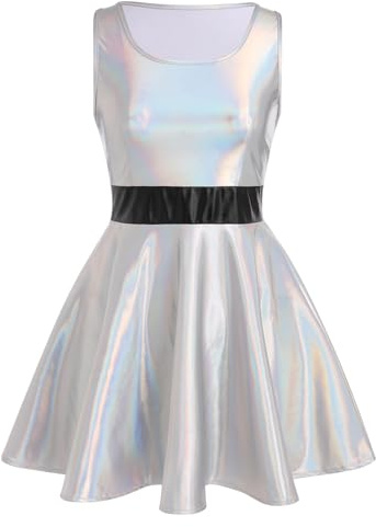 Odizli Robe patineuse sans manches pour femme, holographique métallisée avec paillettes, années 80, années 90, vêtement de danse, Argenté., S