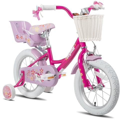 JOYSTAR Einhorn 14 Zoll Kinder Fahrrad für 3 4 5 Jahre Mädchen mit Puppe Fahrradsitz Kinder Prinzessin Fahrrad mit Stützrädern Korb Streamer Kleinkind Fahrrad,violett