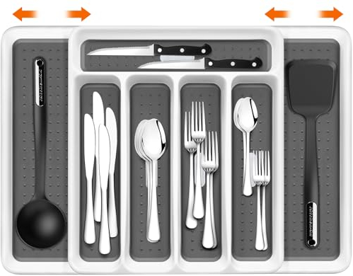 BBLTIFF Porta Posate da Cassetto, Espandibile a 7 Scomparti Porta Posate Cucina Cassetto, Portaposate Cassetto Organizer Cassetti Cucina Vassoio Portaposate Regolabile per Attrezzi da Cucina