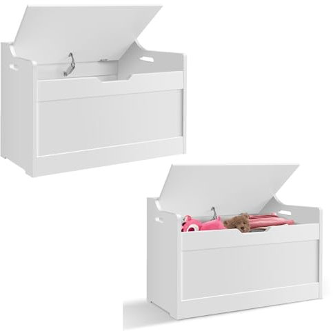 Huini Wooden Kids Toy Box Tabletop 0.98 * 2.29 FT, Storage Stool with Lid and Safety Hinges, MDF Sturdy and Safe, for Toys and Storage, White Contemporary Style, Height 1.52FT, White