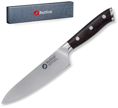 ROTFINK Allzweckmesser 13 cm, Profi Küchenmesser scharf, Kochmesser, Fleischmesser, Edelstahl 56-58 HRC, ergonomischer Ebenholz-Griff, 15° Schleifwinkel, Geschenkbox, 10 Jahre Garantie