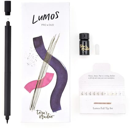 Tom's Studio Lumos Pro Duo Tip (Matte Black) | Refillable Fineliner, Writing & Brush Pen | Comes with 11 Tips, 3ml Deep Black Ink Sample & 2x Ink Reservoirs