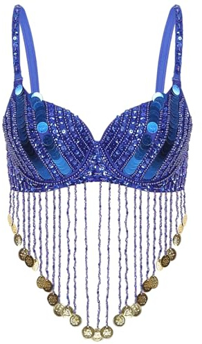 Oyolan Femme Soutien Gorge Danse du Ventre Frangé Haut Danse Orientale Paillette Brillant Costume Danseuse Bleu Royal Taille Unique