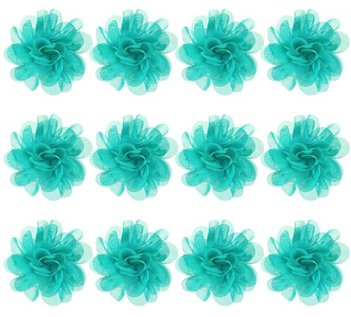 M METERXITY 12-Pack Chiffon Flowers 3.94 x 3.94 Inch Mesh Fabric Flowers Full Chiffon Flowers Hair Clips Flower for Home Decor/Wedding/Headbands/DIY/Party/Garden [Turquoise]