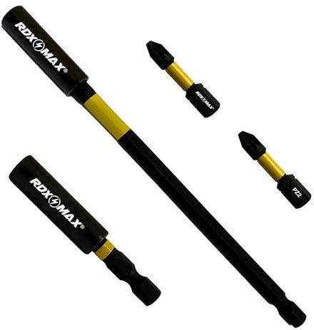 RDXMAX® 2 Piece Magnetic Drill Bit Holder- Premium High-Speed Alloy Steel 60mm and 152mm Professional Impact Bit Holders with 2 x 32mm PZ2 Screwdriver Impact Bits- Durable Magnetic Bit Holder