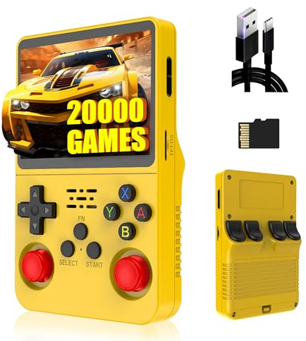 R36s Rétro Console de Jeu Portable 64G, 20000+ Jeux intégrés,21 émulateurs,3.5 Pouces IPS écran 640*480P,système Linux Open Source, Mini Émulateur Portable,Cadeau pour Adultes (Jaune)