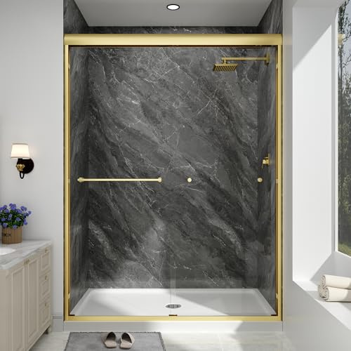EASYWORC Double Sliding Shower Door, 55-60 W x 70 H Semi-Frameless Glass Shower Door, 1/4'' (6mm) Clear SGCC Tempered Glass with Explosion-Proof Film and Nano Coating, Brushed Gold