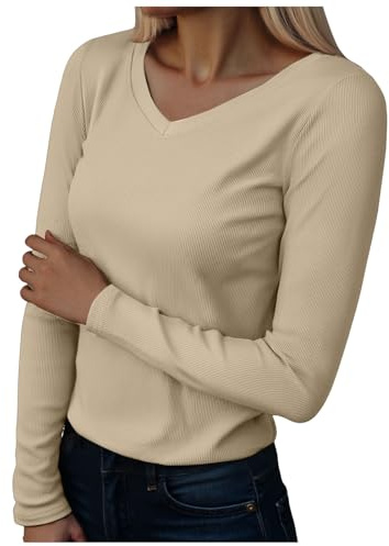 Tshirt Femme Manches Longues Col V Haut Thermique Tricot Élégant Slim Fit Chaud Tee Shirt Basic Top Tricot Serré Pull pour Hiver Automne (Beige, XXL)