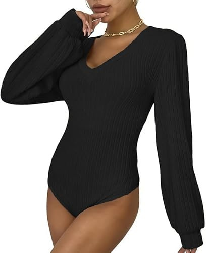 Sukiglam Body Mujer Manga Larga Bodysuit Cuello en Alto/V/Tortuga Elegante Leotardo Tops de Punto Elástico Bodys Tanga Shapewear Suave Cálida Camisa Casual Blusa Rayas Jumpsuit Top Básico Body Vestir