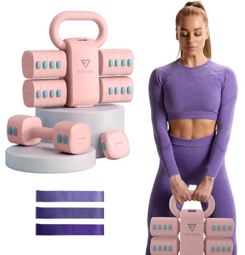 FITVRA Manubri Regolabili 2 in 1 + Kettlebell Regolabile, Set Pesi Palestra per Donna, Rosa, 1–3 kg & 2,5–6,5 kg, con 3 Bande Elastiche e Guida