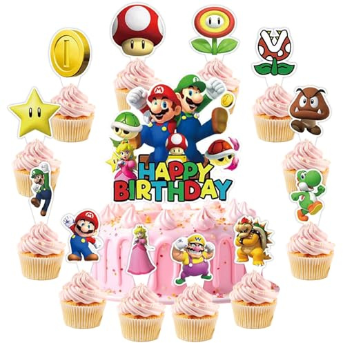 25 decorazioni per torte con 24 topper per cupcake, 1 topper per cupcake, per feste di compleanno dei cartoni animati