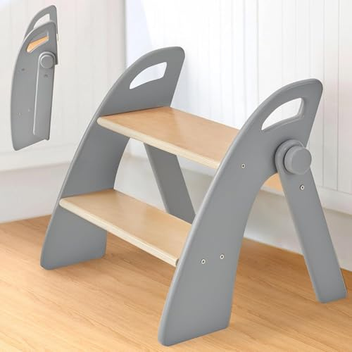 Sgabello di legno per Bambini a 2 Gradini Pieghevole, Capacità di 130 kg con Tappetino Antiscivolo e Maniglie, Scaletta per Bagno, Camera dei Bambini, Cucina, Grigio