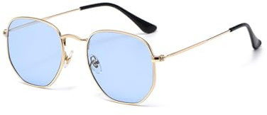 WDZAYXC Occhiali da sole poligonali moda per uomo e donna,Occhiali montatura in metallo leggero,Protezione UV400, oro/azzurro