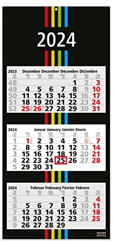 Geiger-Office 3-Monatskalender 2026 BLACK+STRIPES - Wandkalender 33 x 70 cm Großformat - Bürokalender mit 3 perforierten Kalenderblocks und Metallöse - Made in Germany