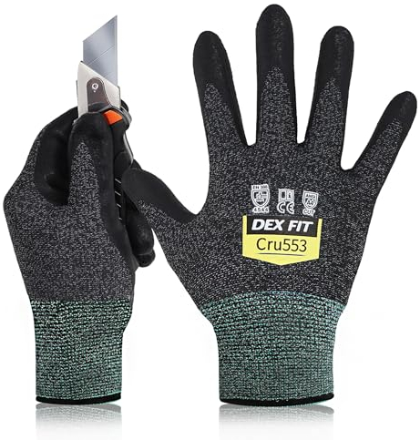 DEX FIT Level 5 Cut Schnittfeste Handschuhe Cru553, 3D Komfort Stretch Fit, Grip, Strapazierfähiger Schaumnitril, Smart Touch, Dünn & Leicht (Cut 5 Cru553 Black Grey, M(1 Pair))