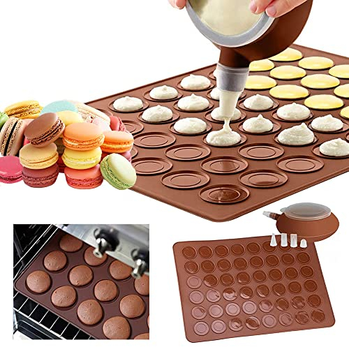 GROOFOO Set di Stampi Macarons Stampo in Silicone, 48 Conchiglie Vassoio da Forno Antiaderente con Set di Penne Decorative e 4 Bus per Macaron, Cupcake, Dessert