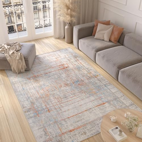TAPISO Valley Teppich Kurzflor Grau Blau Orange Mehrfarbig Linien Meliert Verwischt Modern Abstrakt Design Wohnzimmer Schlafzimmer ÖKO-TEX 300 x 400 cm