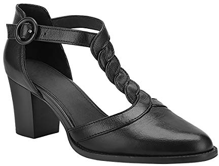 Womens Block Chunky Heels T Strap Closed Toe Dress Shoes Stacked Heeled Sandals Pumps Black