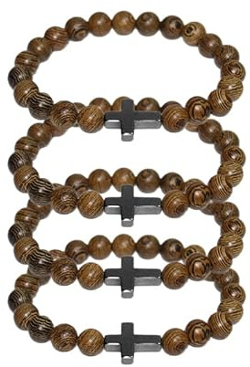 Fuqimanman2020 Natural Wooden Cross Christian Prayer Beads Stretch Bracelet Set for Women Men Catholic Religious Prayer Retro Jewelry-4pcs