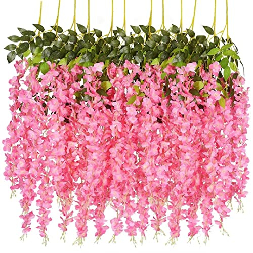NEOONES 12 Pack Wisteria Flower Vines Garland, 3.75 Feet Artificial Flower Strings, Fake Hanging Flowers, Silk Wisteria Garland Flowers, Wisteria Vine for Wedding, Garden, Wall Decoration (Pink)