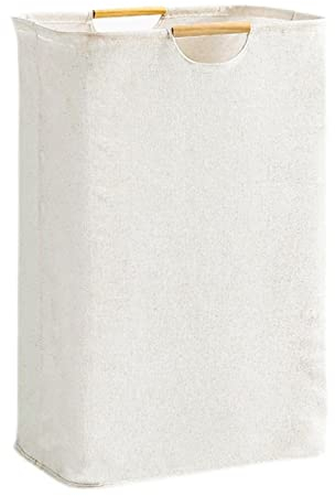 Relota Cesto Portabiancheria Beige 39×53×27 cm, Cesta Portabiancheria Pieghevole con Manico in Legno Grand, Cesta Biancheria in Tessuto per Camera Soggiorno Bagno e Viaggio