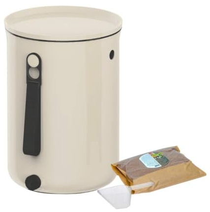 Skaza Bokashi Organko 2 (9.6 L) | Composteur de Cuisine en Plastique Recyclé avec Activateur de Fermentation 1 kg (Crème)