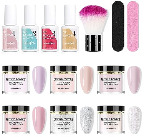 RoseFlower Kit de Polvo de Inmersión de Uñas, 6 Colores kit de Iniciación en Polvo para uñas con Capa Base, Capa Top, Cepillo para Polvo, Lima de uñas, Manicura de Salón de Bricolaje en Casa