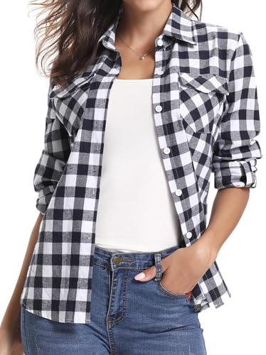 Aottori Damen Baumwolle Hemd Kariertes Karo-Hemd Langarm Button-down V-Ausschnitt Karohemd Bluse Tunika Tops Hemd T-Shirt Casual Freizeit Sommer Blusenshirt Schwarz-Weiss 1 M
