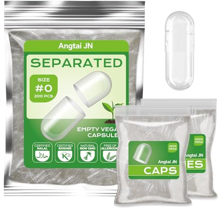 Angtai JN Taglia 0 Capsule Vuote Vegetali Separate 200 unità,Inclusi corpo capsula e tappo capsula,Compatibile con riempitrice di capsule 0