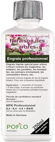 POFLO Arbres à fleurs Engrais complet HIGH-TECH NPK pour plantes, engrais pour magnolias, tulipiers, jacinthes, trompettes, cerisiers d'ornement, cornouillers fleuris, etc. (250 ml)