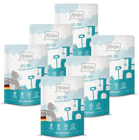 MjAMjAM - Premium wet food for cats - Quetschie - tender goat with tasty baby carrots, pack of 6 (6 x 300 g), grain-free with extra meat
