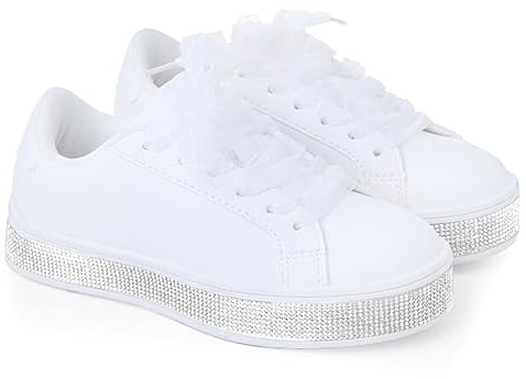 Girls' White Sparkle Communion Shoes Platform Trainers, Crystal-Embellished Sole, Lace-Up Elegant for Girls, Kids, Wedding (White UK3)
