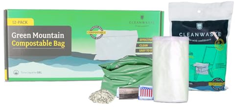 Cleanwaste Green Mountain - Bolsa de inodoro portátil compostable (paquete de 12), sin fugas, polvo gelificante para caca con control de olores, toallitas de manos y papel higiénico (camping,