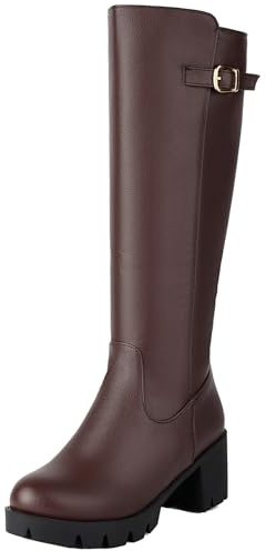 XIEPP Bottes à plateforme hautes pour femme avec bottes de motard épaisses avec fermeture éclair au niveau du talon, marron, 37 EU