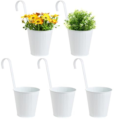 BOOMTOP 5 Stück Metall Blumentopf Hängend Weiß Blumentöfpe mit Abnehmbar Haken Hängetöpfe für Pflanzen Blumen Hängetopf zum Aufhängen für Balkon Garten Wand Terrasse Innen Außen 13x12,5x9cm