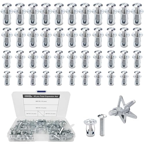 Set di 48 ancoraggi da parete cava, dado a petalo, scanalatura di espansione, scanalatura per cavità in metallo, ancoraggi a parete cava, carico pesante per pareti sottili, porte cave, lamiera di