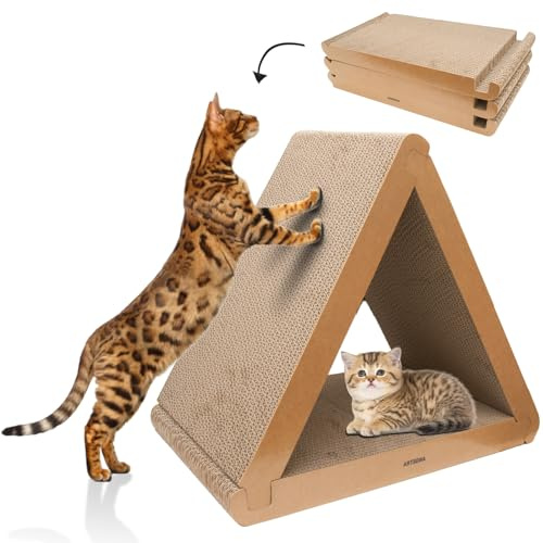 Angetra 3 Pack Cardboard Cat Scratcher & Scratch Pad with Catnip, Buildable Triangle Cat House w/ 6-Sided Use, Furniture Protection for Indoor Cats