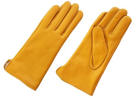 Guanti da donna in vera pelle di pecora, in stile moda, con fodera in lana, caldi per primavera e autunno, guanti a dita, Giallo, 8